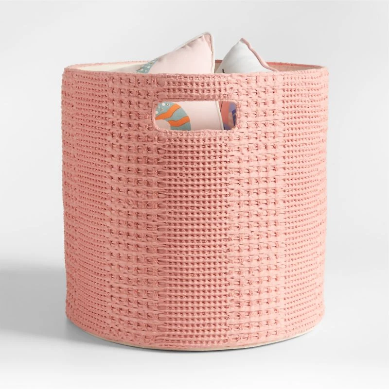 Nella Rose Pink Cotton Waffle Weave Large Storage Bin with Handles