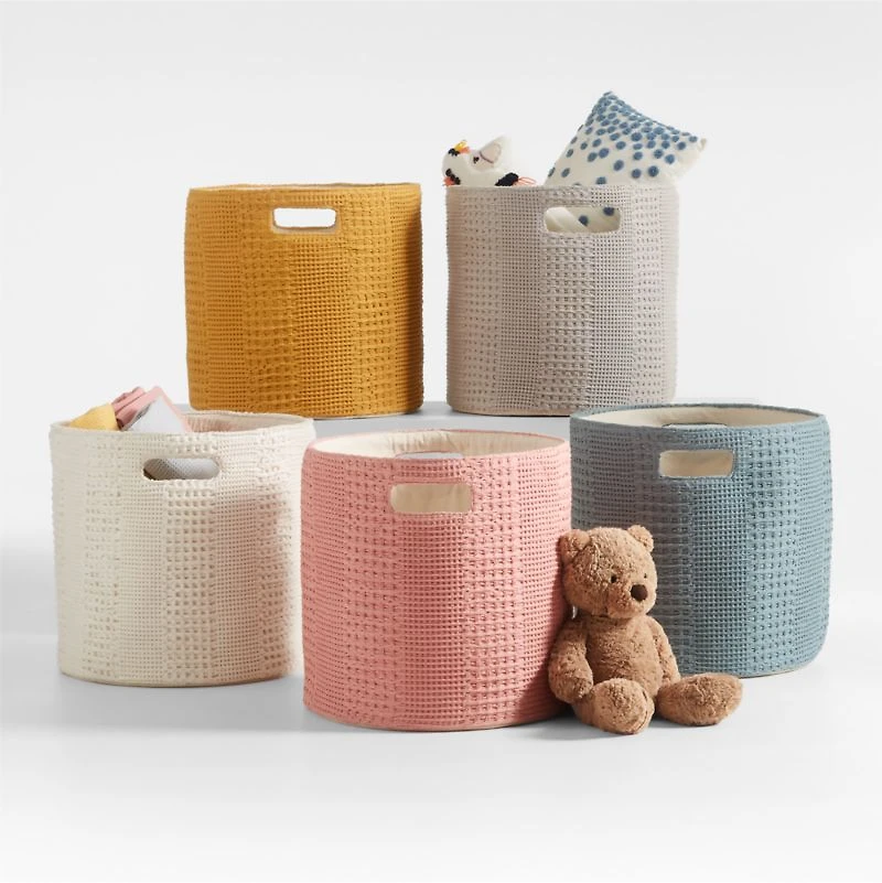 Nella Ochre Yellow Cotton Waffle Weave Large Storage Bin with Handles