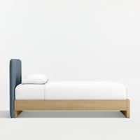 Noa Denim Blue Upholstered Flange Kids Full Headboard with Natural Wood Base