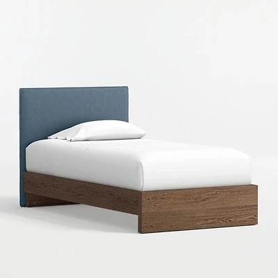 Noa Denim Blue Upholstered Flange Kids Twin Headboard with Deep Brown Wood Base