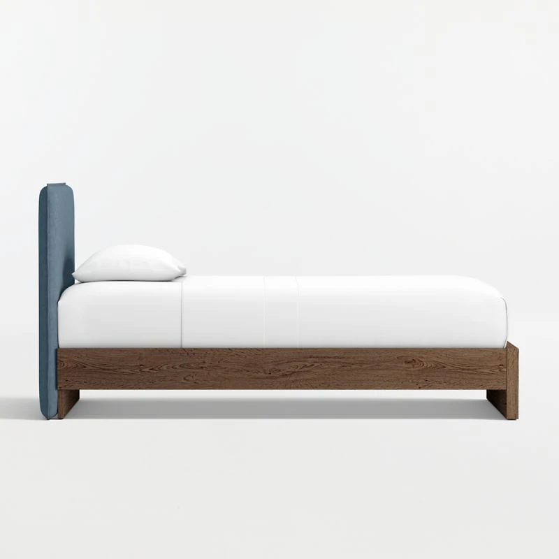 Noa Denim Blue Upholstered Flange Kids Twin Headboard with Deep Brown Wood Base