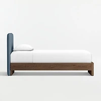 Noa Denim Blue Upholstered Flange Kids Twin Headboard with Deep Brown Wood Base