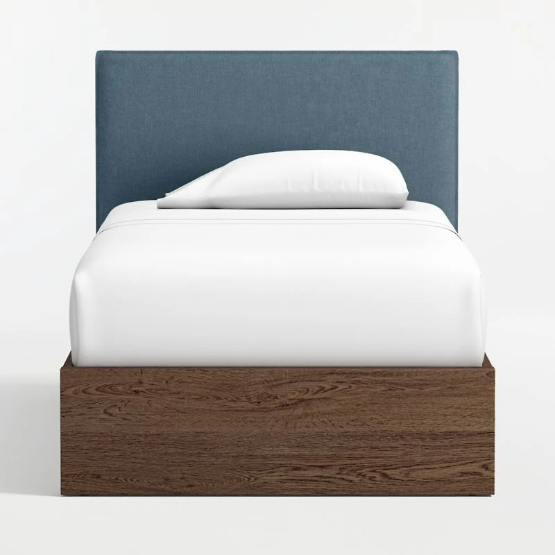 Noa Denim Blue Upholstered Flange Kids Twin Headboard with Deep Brown Wood Base