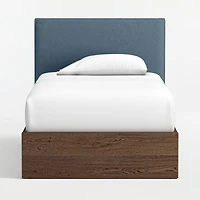 Noa Denim Blue Upholstered Flange Kids Twin Headboard with Deep Brown Wood Base