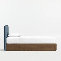 Noa Denim Blue Upholstered Flange Kids Twin Headboard with Deep Brown Wood Storage Base