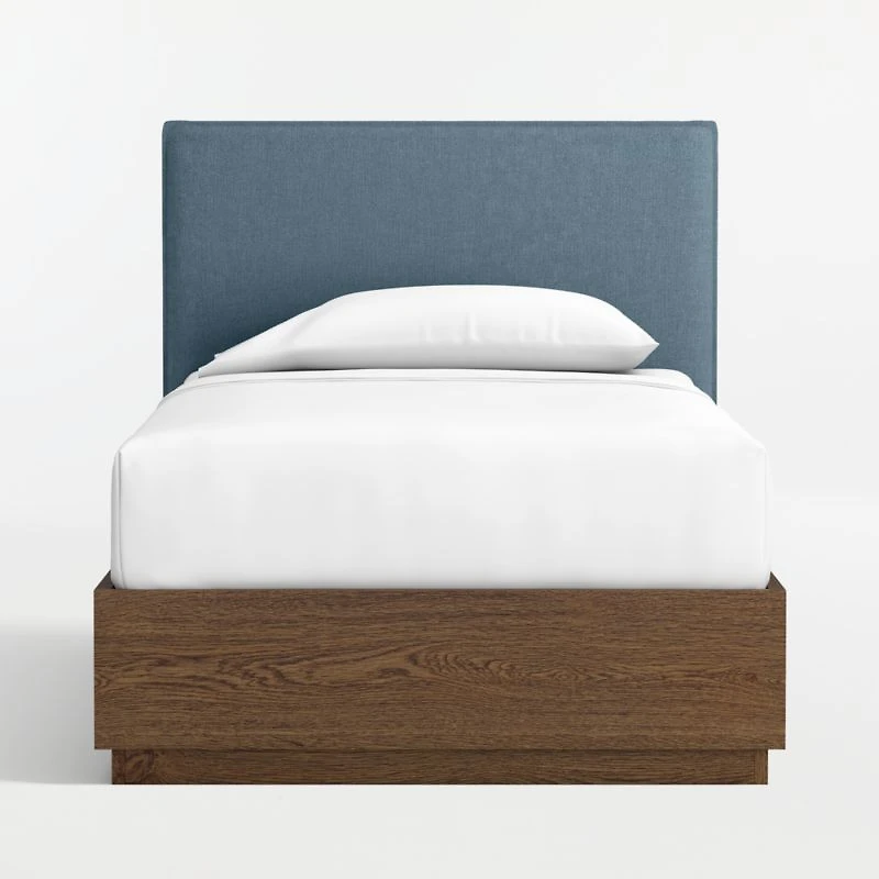 Noa Denim Blue Upholstered Flange Kids Twin Headboard with Deep Brown Wood Storage Base