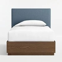 Noa Denim Blue Upholstered Flange Kids Twin Headboard with Deep Brown Wood Storage Base