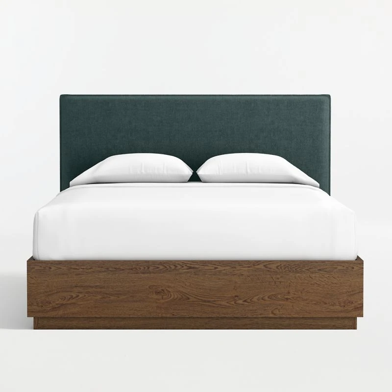 Noa Jungle Green Upholstered Flange Kids Full Headboard with Deep Brown Wood Storage Base