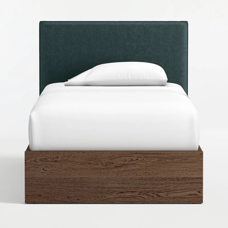Noa Jungle Green Upholstered Flange Kids Twin Headboard with Deep Brown Wood Base