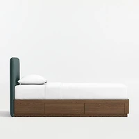 Noa Jungle Green Upholstered Flange Kids Twin Headboard with Deep Brown Wood Storage Base