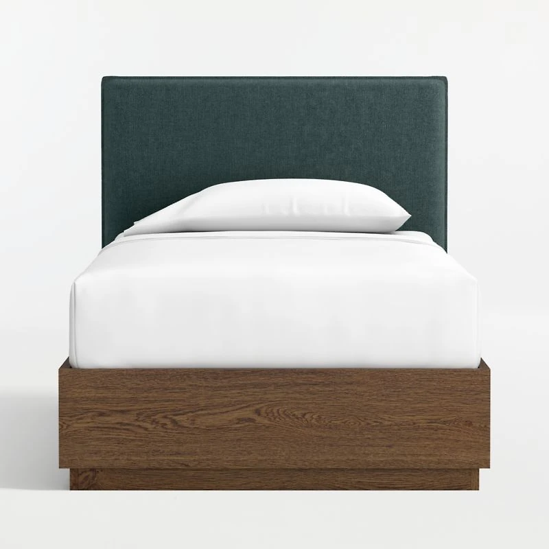 Noa Jungle Green Upholstered Flange Kids Twin Headboard with Deep Brown Wood Storage Base