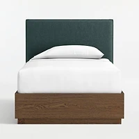 Noa Jungle Green Upholstered Flange Kids Twin Headboard with Deep Brown Wood Storage Base
