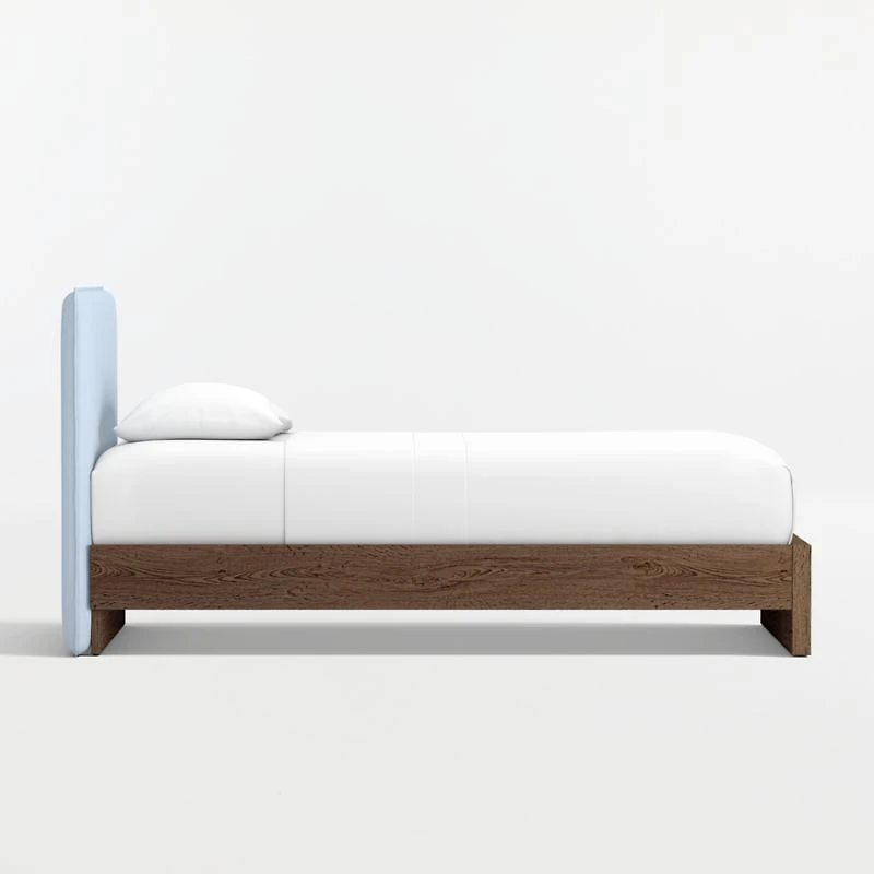 Noa Light Blue Upholstered Flange Kids Twin Headboard with Deep Brown Wood Base