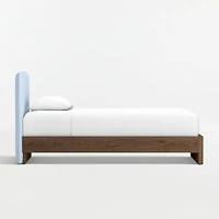 Noa Light Blue Upholstered Flange Kids Twin Headboard with Deep Brown Wood Base