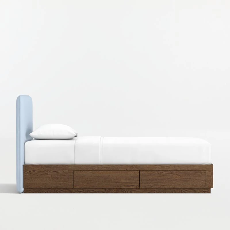 Noa Light Blue Upholstered Flange Kids Twin Headboard with Deep Brown Wood Storage Base