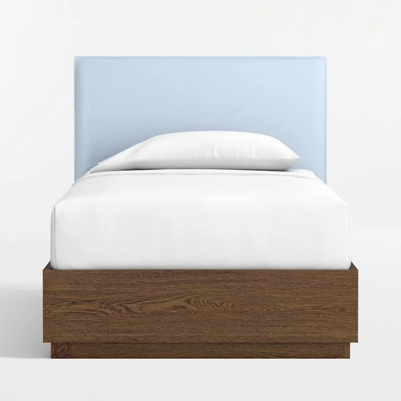 Noa Light Blue Upholstered Flange Kids Twin Headboard with Deep Brown Wood Storage Base