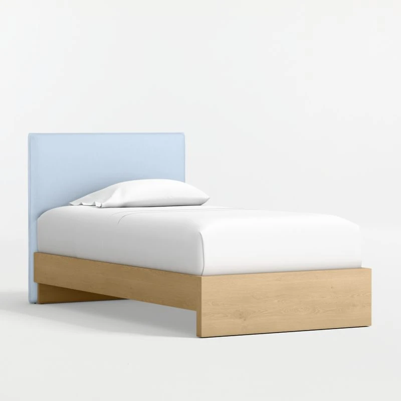 Noa Light Blue Upholstered Flange Kids Twin Headboard with Natural Wood Base