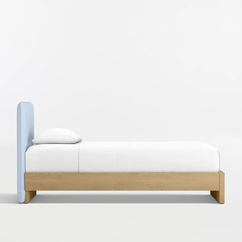 Noa Light Blue Upholstered Flange Kids Twin Headboard with Natural Wood Base