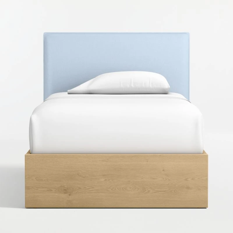 Noa Light Blue Upholstered Flange Kids Twin Headboard with Natural Wood Base