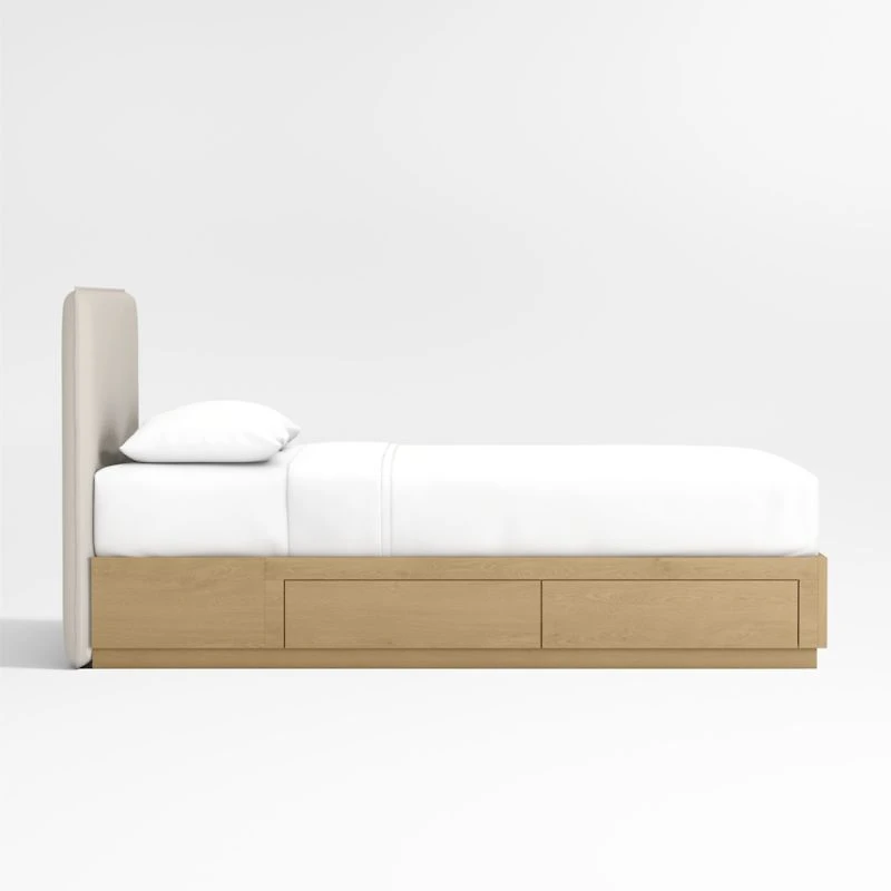 Noa Upholstered Flange Kids Full Bed with Natural Wood Storage Base