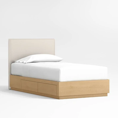 Noa Upholstered Flange Kids Twin Bed with Natural Wood Storage Base