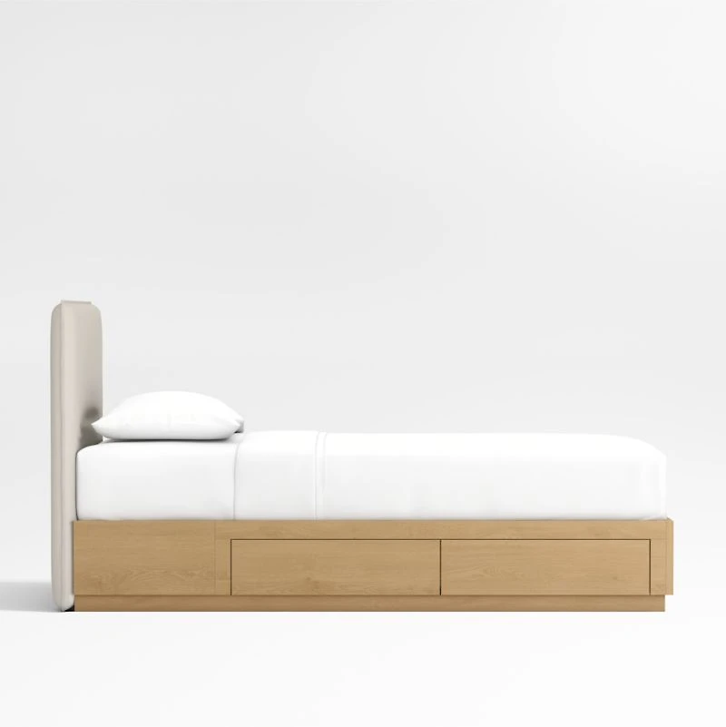 Noa Upholstered Flange Kids Twin Bed with Natural Wood Storage Base
