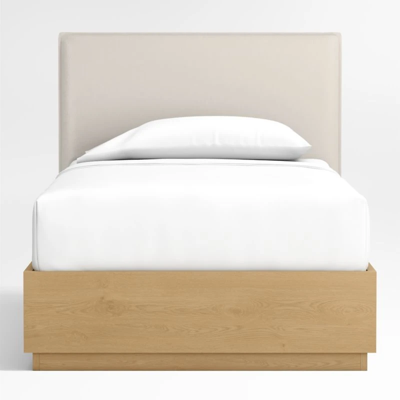 Noa Upholstered Flange Kids Twin Bed with Natural Wood Storage Base