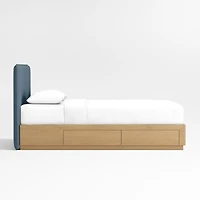 Noa Denim Blue Upholstered Flange Kids Full Bed with Natural Wood Storage Base