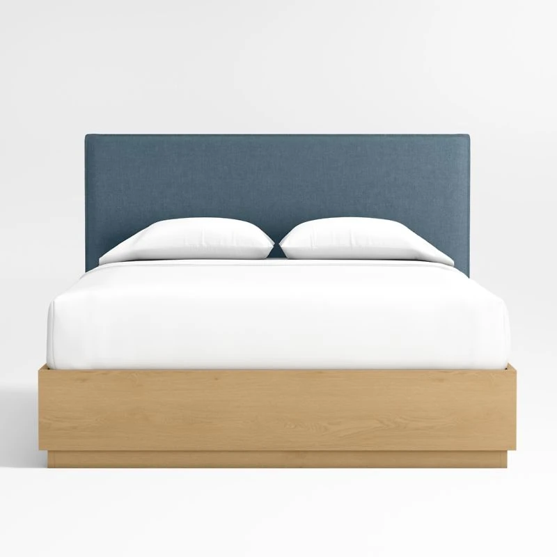 Noa Denim Blue Upholstered Flange Kids Full Bed with Natural Wood Storage Base