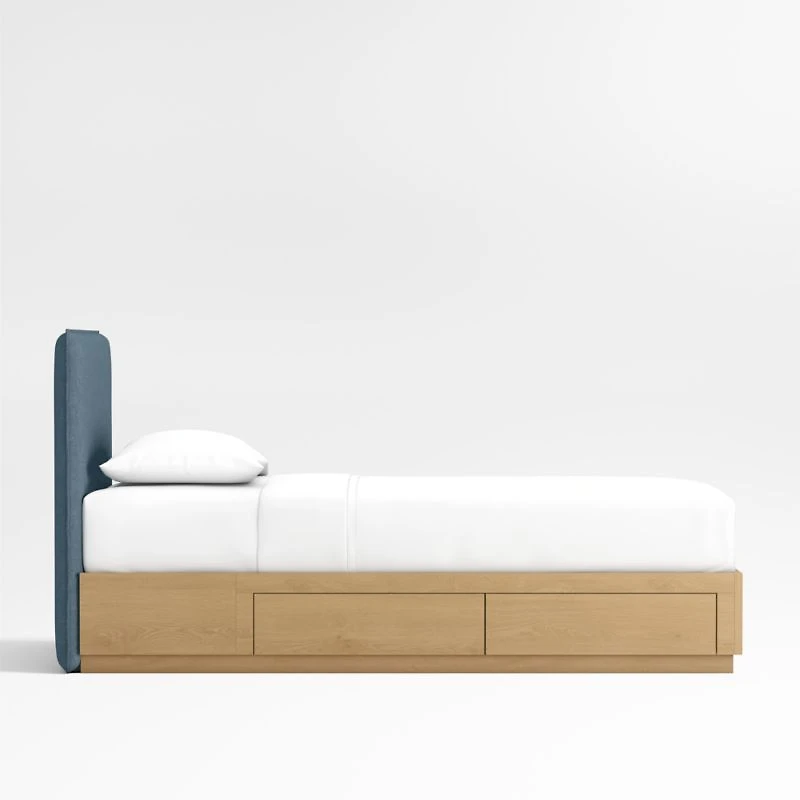 Noa Denim Blue Upholstered Flange Kids Twin Bed with Natural Wood Storage Base