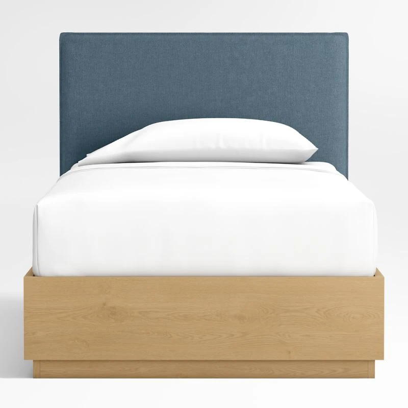 Noa Denim Blue Upholstered Flange Kids Twin Bed with Natural Wood Storage Base
