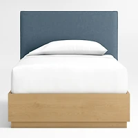 Noa Denim Blue Upholstered Flange Kids Twin Bed with Natural Wood Storage Base