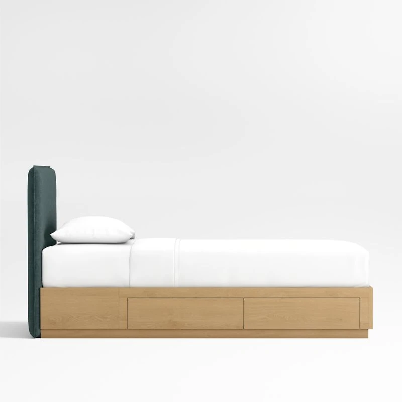 Noa Jungle Green Upholstered Flange Kids Twin Bed with Natural Wood Storage Base