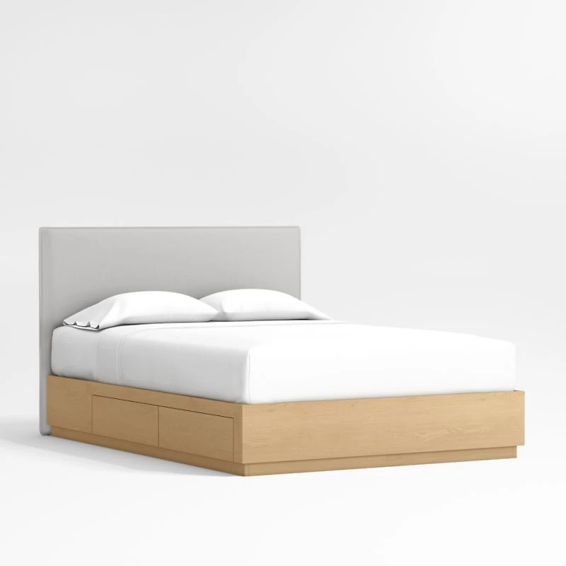 Noa Grey Upholstered Flange Kids Full Bed with Natural Wood Storage Base