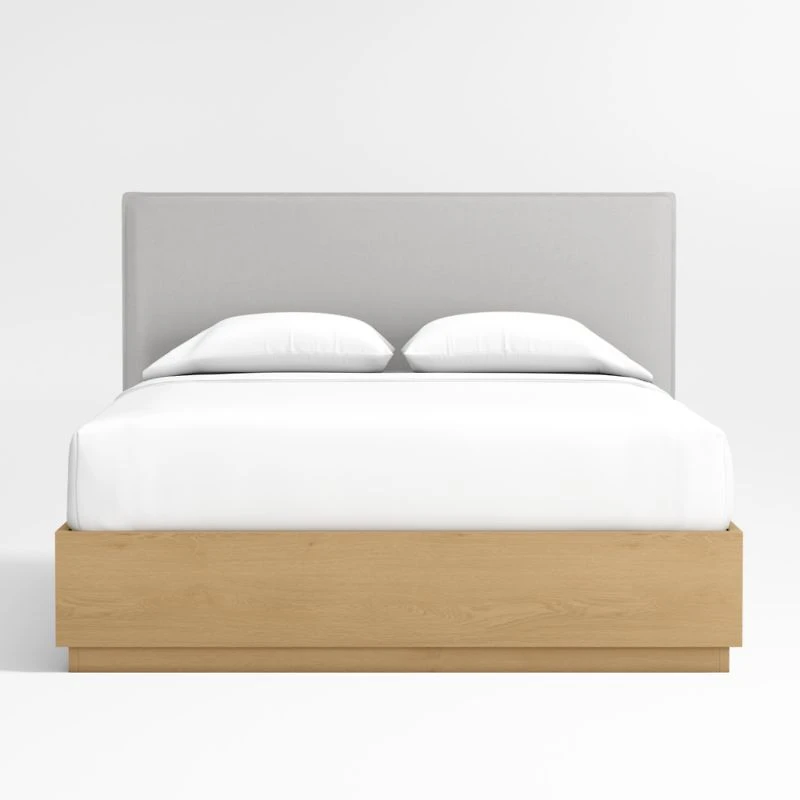 Noa Grey Upholstered Flange Kids Full Bed with Natural Wood Storage Base