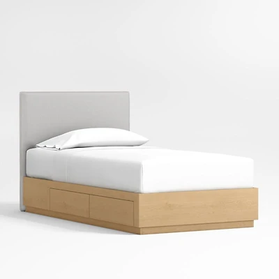 Noa Grey Upholstered Flange Kids Twin Bed with Natural Wood Storage Base