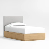 Noa Grey Upholstered Flange Kids Twin Bed with Natural Wood Storage Base