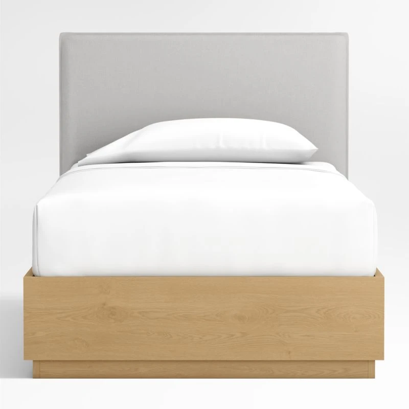 Noa Grey Upholstered Flange Kids Twin Bed with Natural Wood Storage Base