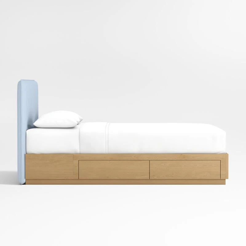 Noa Light Blue Upholstered Flange Kids Full Bed with Natural Wood Storage Base