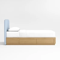 Noa Light Blue Upholstered Flange Kids Full Bed with Natural Wood Storage Base
