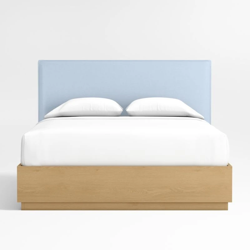 Noa Light Blue Upholstered Flange Kids Full Bed with Natural Wood Storage Base