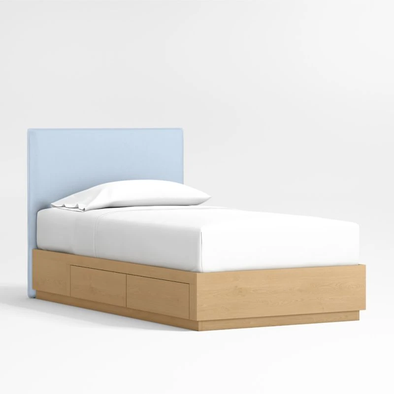 Noa Light Blue Upholstered Flange Kids Full Bed with Natural Wood Storage Base