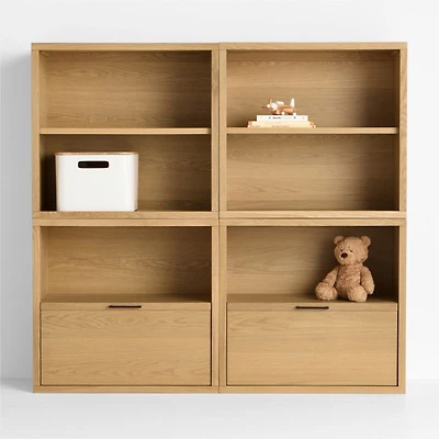 Oliver Set of 2 Modular Natural Oak Wood Kids Open Bookcases with Drawers
