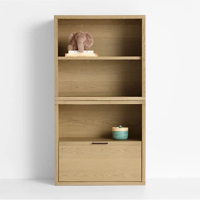 Oliver Modular Natural Oak Wood Kids Open Bookcase with Drawer