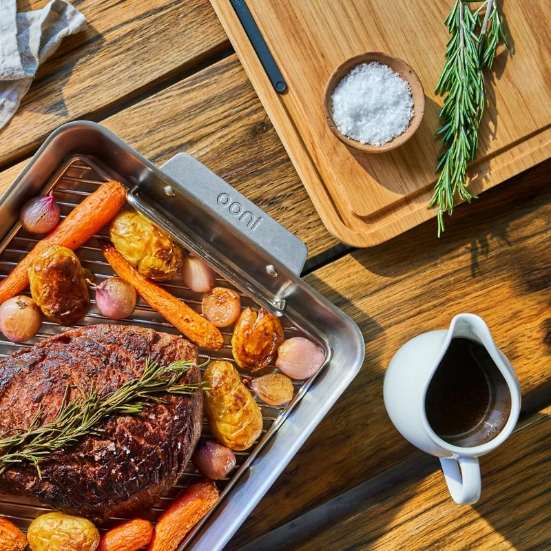 Ooni Large 17.5" Stainless Steel Roasting Pan with Rack and Cutting Board Set