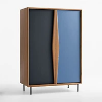 Oren Blue and Natural Walnut Wood Storage Armoire with Chalkboard
