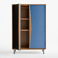 Oren Blue and Natural Walnut Wood Storage Armoire with Chalkboard