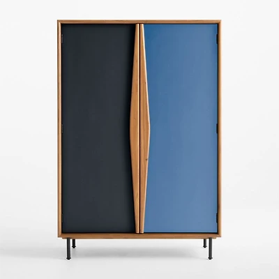 Oren Blue and Natural Walnut Wood Storage Armoire with Chalkboard