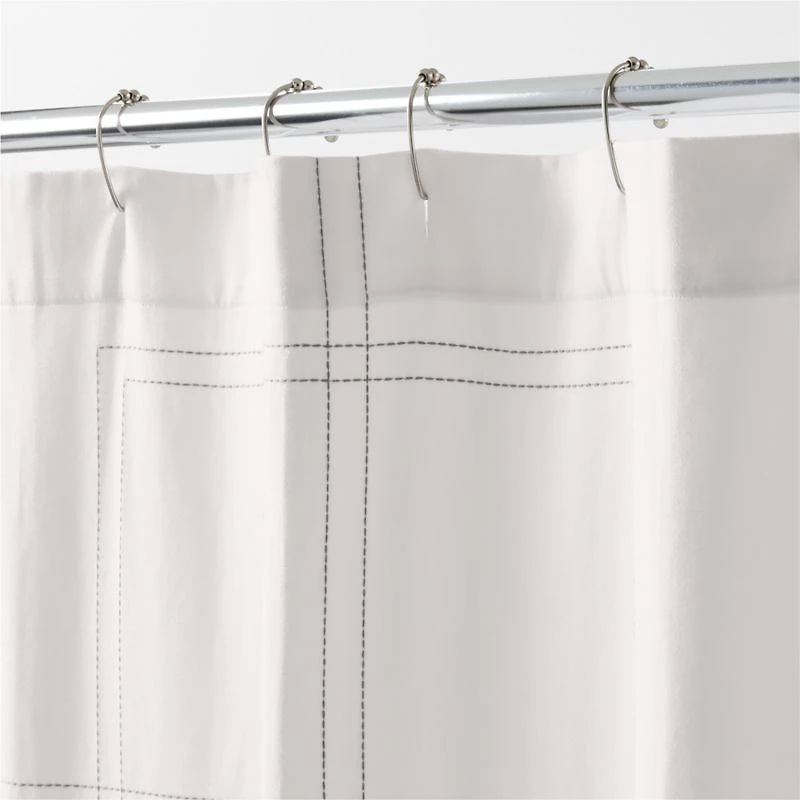 Organic Cotton Sateen Embroidered Bright White and Pewter Grey Shower Curtain