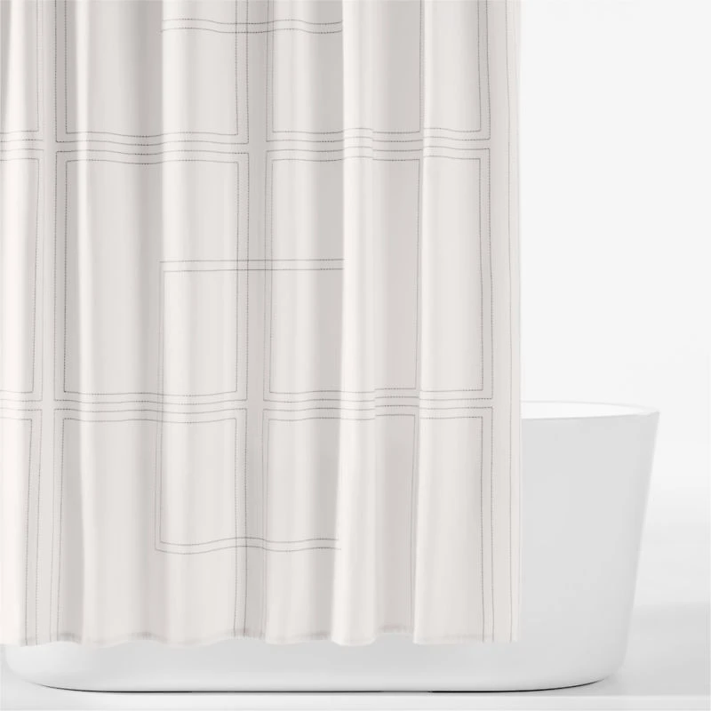 Organic Cotton Sateen Embroidered Bright White and Pewter Grey Shower Curtain